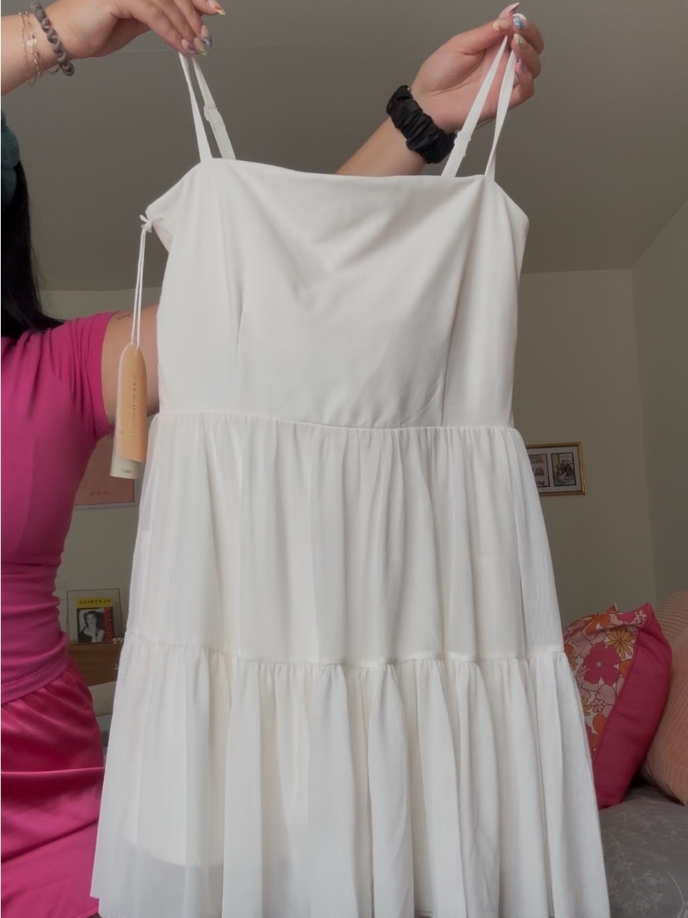 White Tiered Spaghetti-Strap Mini Dress